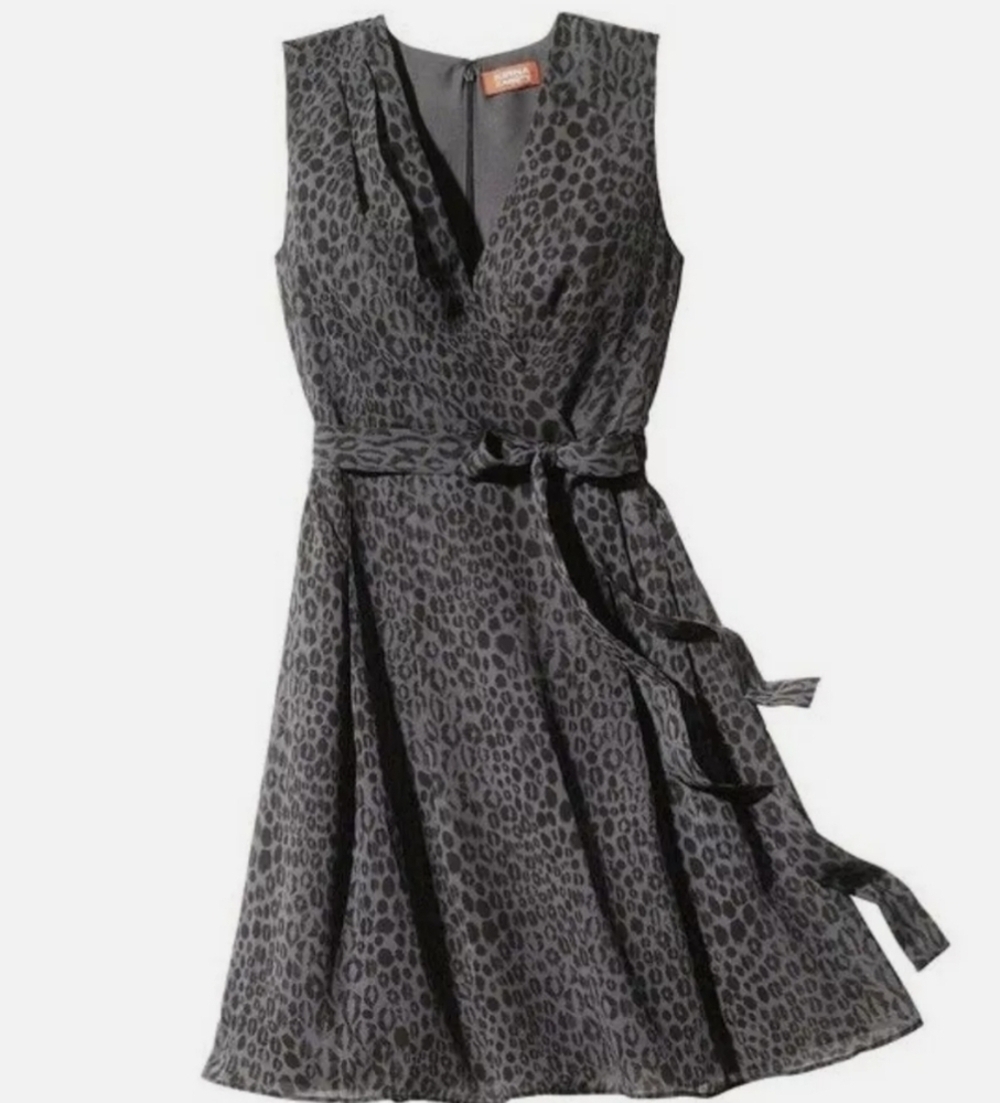 KIRNA ZABETE Gray Black Leopard Print Faux Wrap Sleeveless Dress Size Women's 4